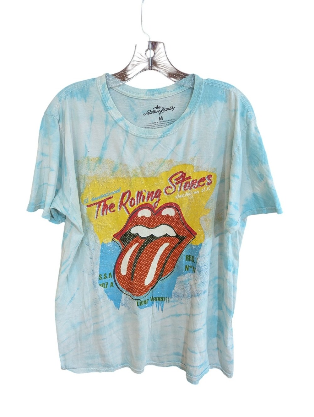 Rolling Stones Band Tee Shirt White Blue Tie Dye Unisex Sz M *See Measurements